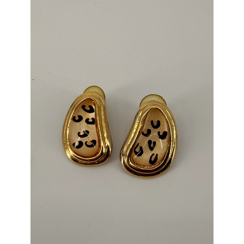 Gold Tone Amber Resin Abstract Horseshoe Teardrop Stud Earrings Vintage Style